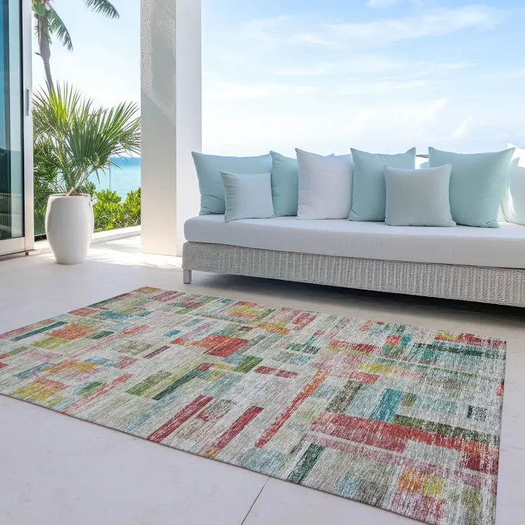 10' X 14' Terra Cotta Green And Brown Striped Washable Indoor Outdoor Area Rug