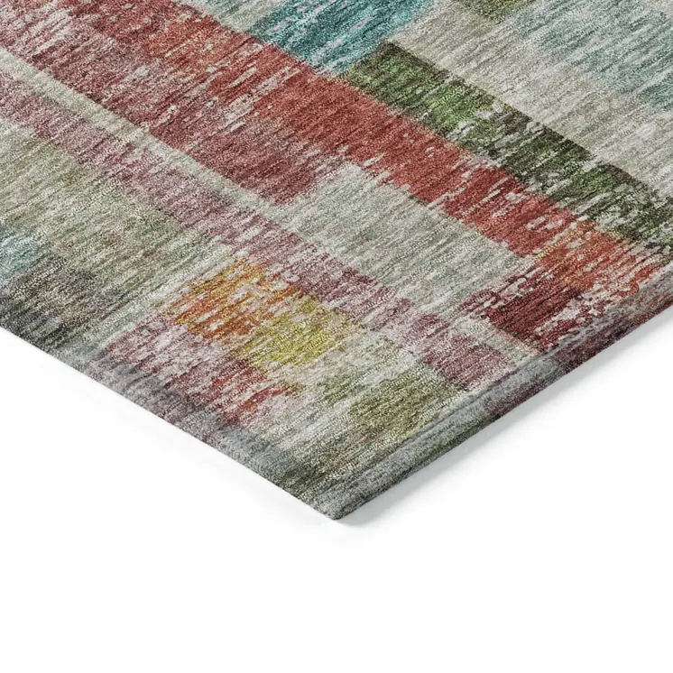10' X 14' Terra Cotta Green And Brown Striped Washable Indoor Outdoor Area Rug