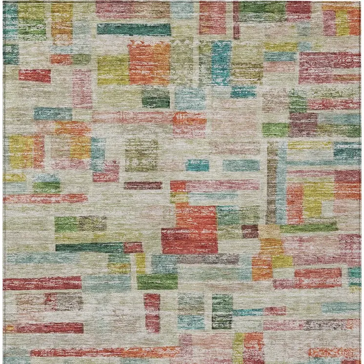 10' X 14' Terra Cotta Green And Brown Striped Washable Indoor Outdoor Area Rug
