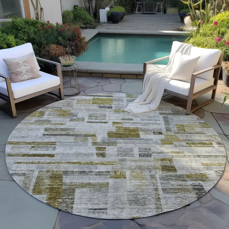 8' Taupe Green And Gray Round Striped Washable Indoor Outdoor Area Rug