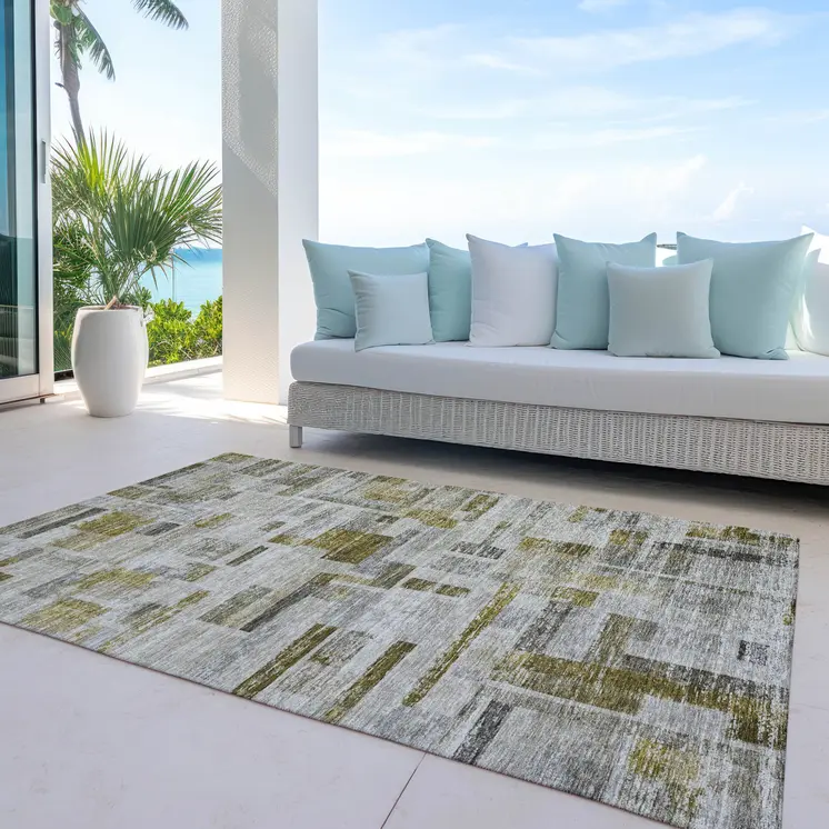 9' X 12' Taupe Green And Gray Striped Washable Indoor Outdoor Area Rug