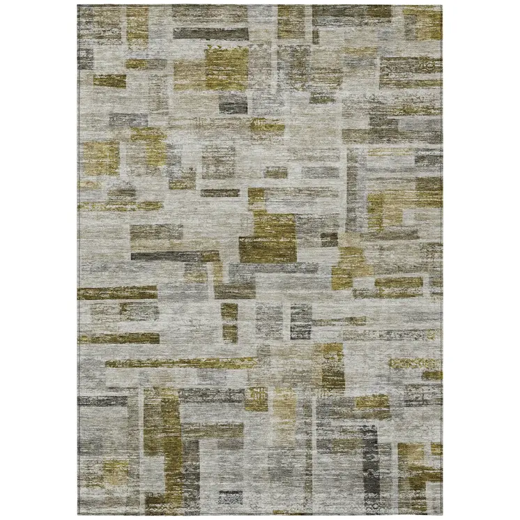 9' X 12' Taupe Green And Gray Striped Washable Indoor Outdoor Area Rug