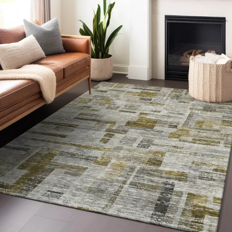 9' X 12' Taupe Green And Gray Striped Washable Indoor Outdoor Area Rug