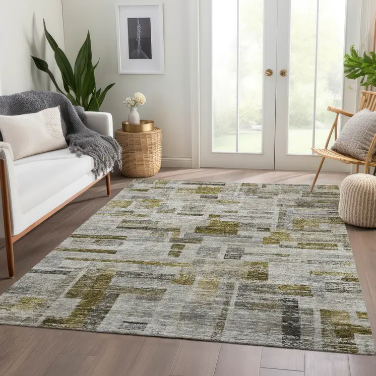 9' X 12' Taupe Green And Gray Striped Washable Indoor Outdoor Area Rug