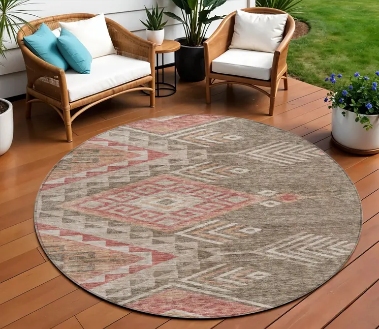 8' Brown And Terra Cotta Round Southwestern Washable Indoor Outdoor Area Rug