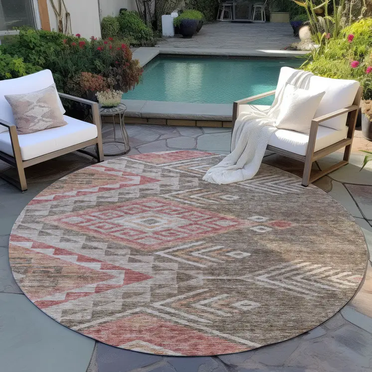 8' Brown And Terra Cotta Round Southwestern Washable Indoor Outdoor Area Rug