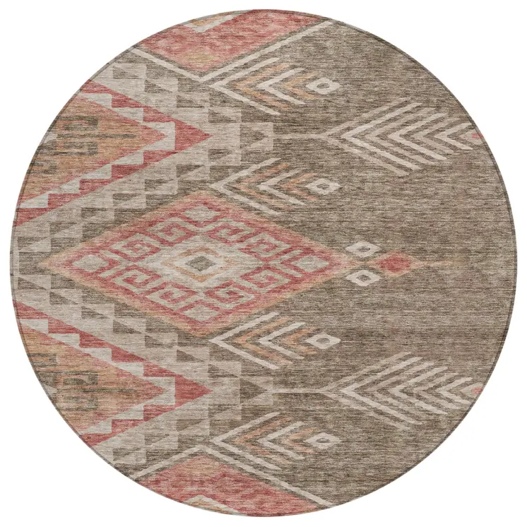 8' Brown And Terra Cotta Round Southwestern Washable Indoor Outdoor Area Rug