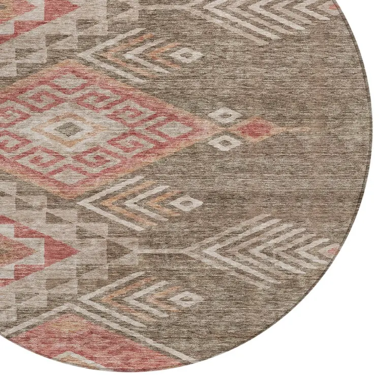 8' Brown And Terra Cotta Round Southwestern Washable Indoor Outdoor Area Rug