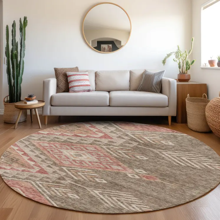 8' Brown And Terra Cotta Round Southwestern Washable Indoor Outdoor Area Rug
