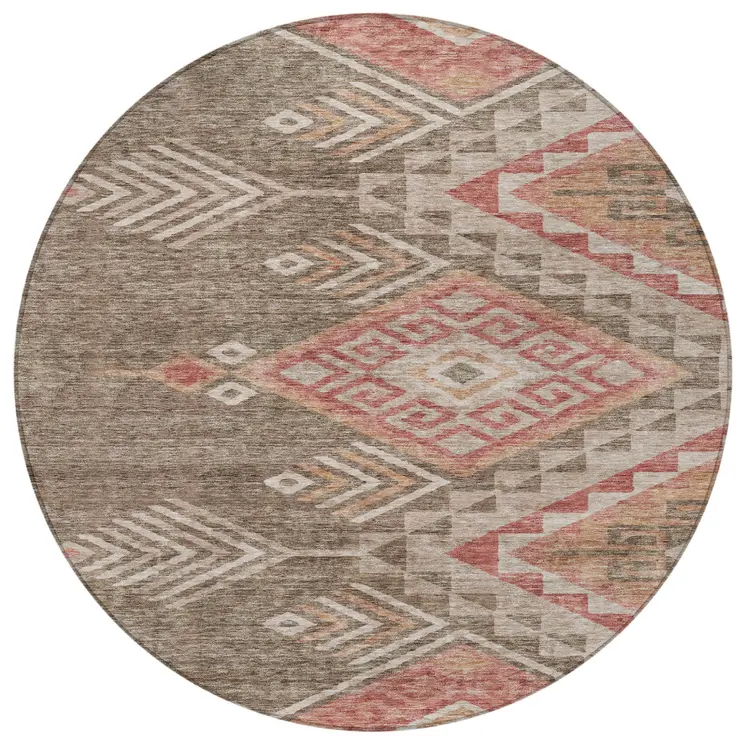 8' Brown And Terra Cotta Round Southwestern Washable Indoor Outdoor Area Rug