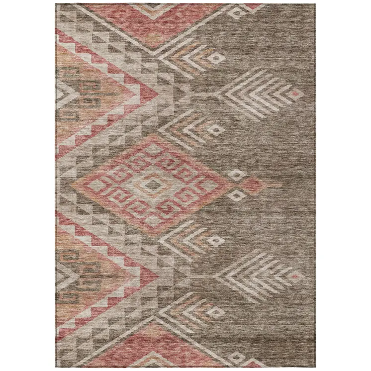 8' X 10' Brown And Terra Cotta Southwestern Washable Indoor Outdoor Area Rug