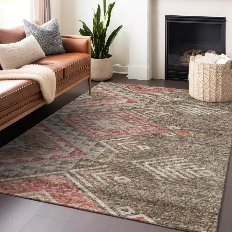 9' X 12' Brown And Terra Cotta Southwestern Washable Indoor Outdoor Area Rug