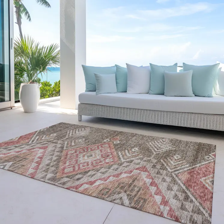 10' X 14' Brown And Terra Cotta Southwestern Washable Indoor Outdoor Area Rug