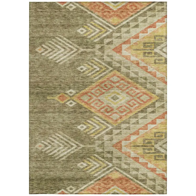 3' X 5' Green And Terra Cotta Southwestern Washable Indoor Outdoor Area Rug