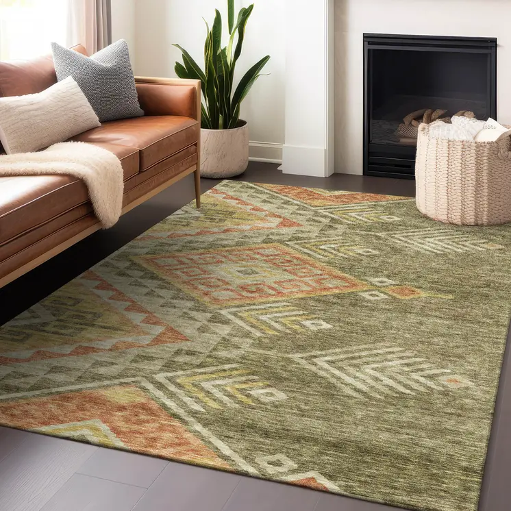 3' X 5' Green And Terra Cotta Southwestern Washable Indoor Outdoor Area Rug