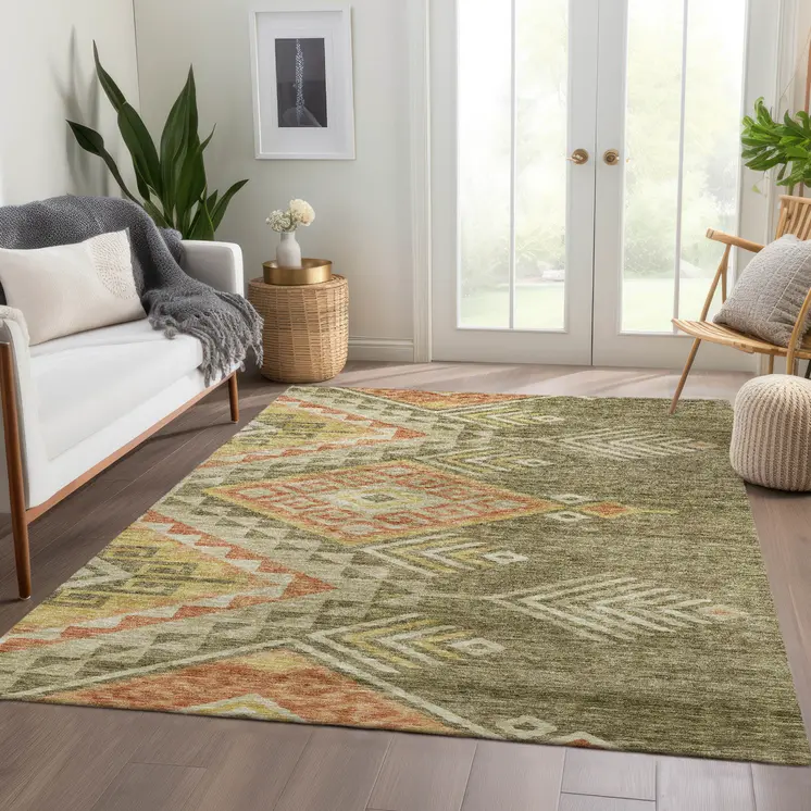 3' X 5' Green And Terra Cotta Southwestern Washable Indoor Outdoor Area Rug