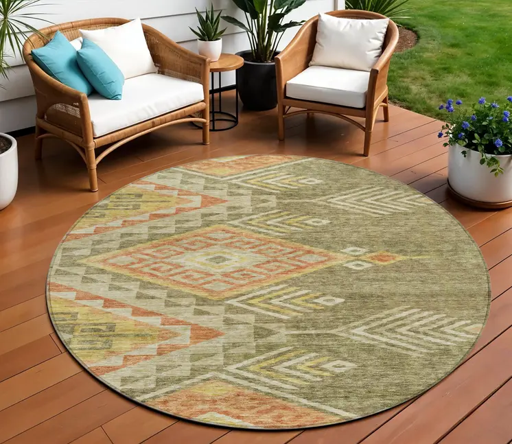 8' Green And Terra Cotta Round Southwestern Washable Indoor Outdoor Area Rug