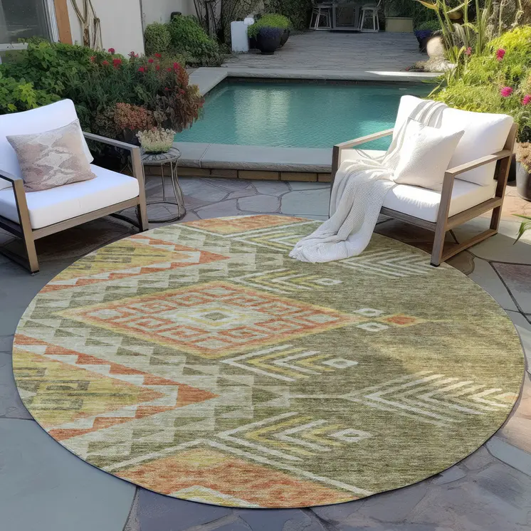 8' Green And Terra Cotta Round Southwestern Washable Indoor Outdoor Area Rug