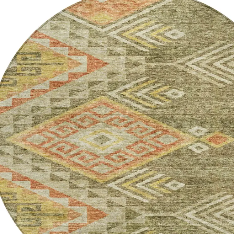 8' Green And Terra Cotta Round Southwestern Washable Indoor Outdoor Area Rug