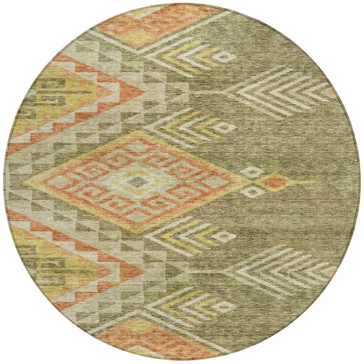 8' Green And Terra Cotta Round Southwestern Washable Indoor Outdoor Area Rug