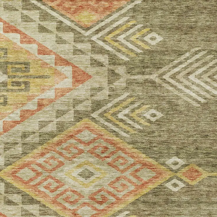 8' X 10' Green And Terra Cotta Southwestern Washable Indoor Outdoor Area Rug