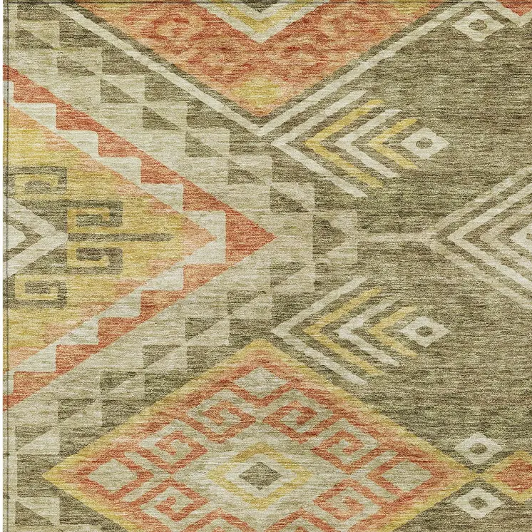 9' X 12' Green And Terra Cotta Southwestern Washable Indoor Outdoor Area Rug