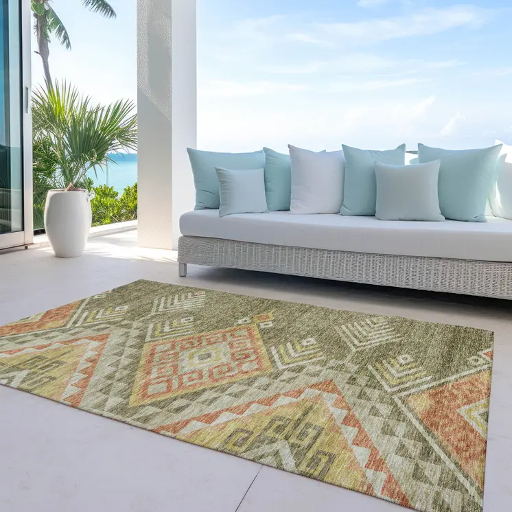 10' X 14' Green And Terra Cotta Southwestern Washable Indoor Outdoor Area Rug