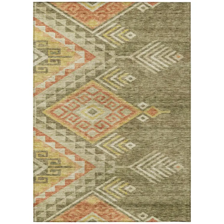 10' X 14' Green And Terra Cotta Southwestern Washable Indoor Outdoor Area Rug