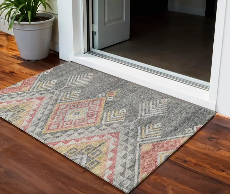 3' X 5' Gray And Terra Cotta Southwestern Washable Indoor Outdoor Area Rug