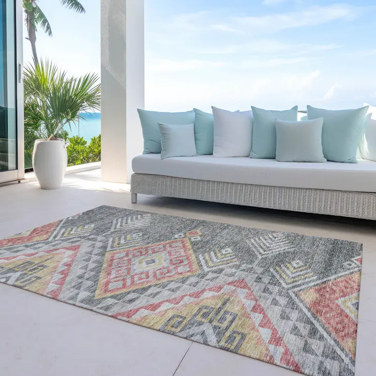 5' X 8' Gray And Terra Cotta Southwestern Washable Indoor Outdoor Area Rug