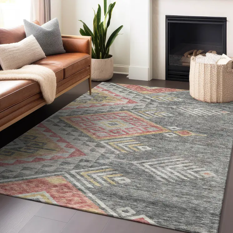 5' X 8' Gray And Terra Cotta Southwestern Washable Indoor Outdoor Area Rug