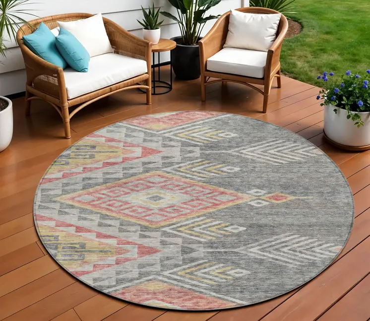 8' Gray And Terra Cotta Round Southwestern Washable Indoor Outdoor Area Rug