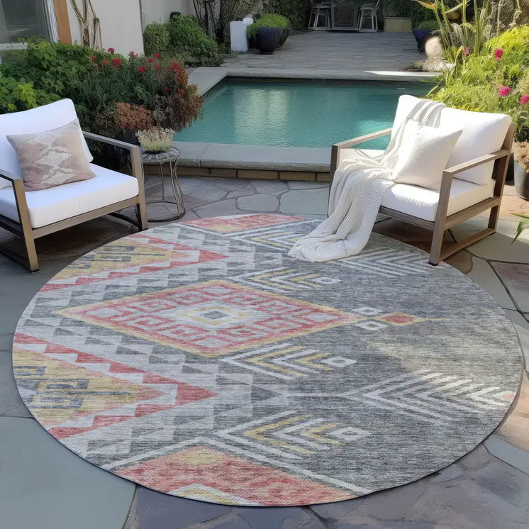 8' Gray And Terra Cotta Round Southwestern Washable Indoor Outdoor Area Rug