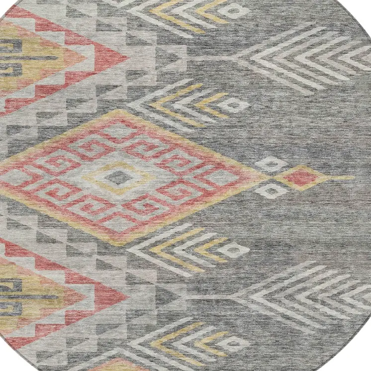 8' Gray And Terra Cotta Round Southwestern Washable Indoor Outdoor Area Rug