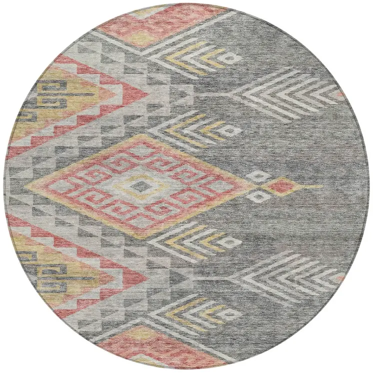 8' Gray And Terra Cotta Round Southwestern Washable Indoor Outdoor Area Rug