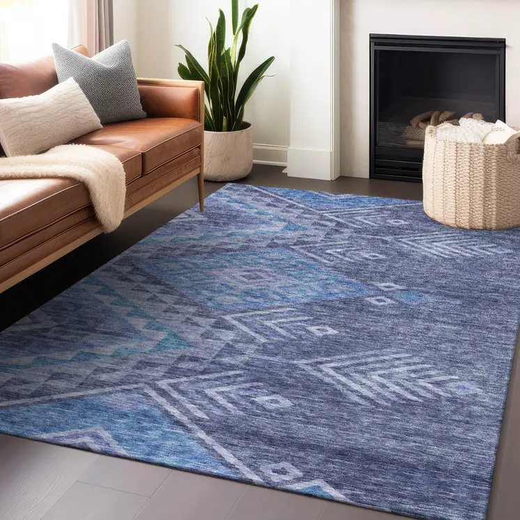 5' X 8' Navy Blue Charcoal And Gray Southwestern Washable Indoor Outdoor Area Rug