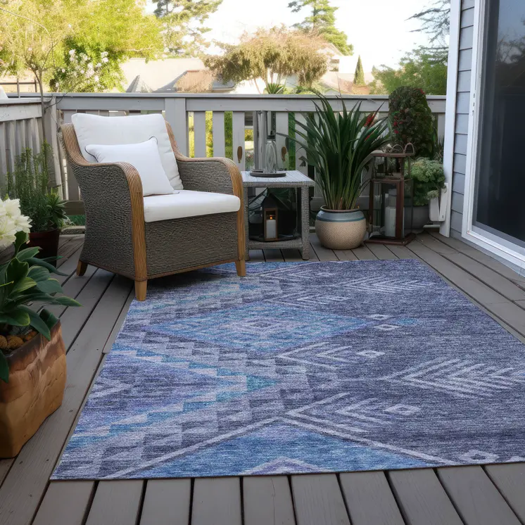 5' X 8' Navy Blue Charcoal And Gray Southwestern Washable Indoor Outdoor Area Rug