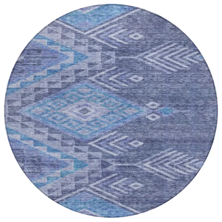 8' Navy Blue Charcoal And Gray Round Southwestern Washable Indoor Outdoor Area Rug