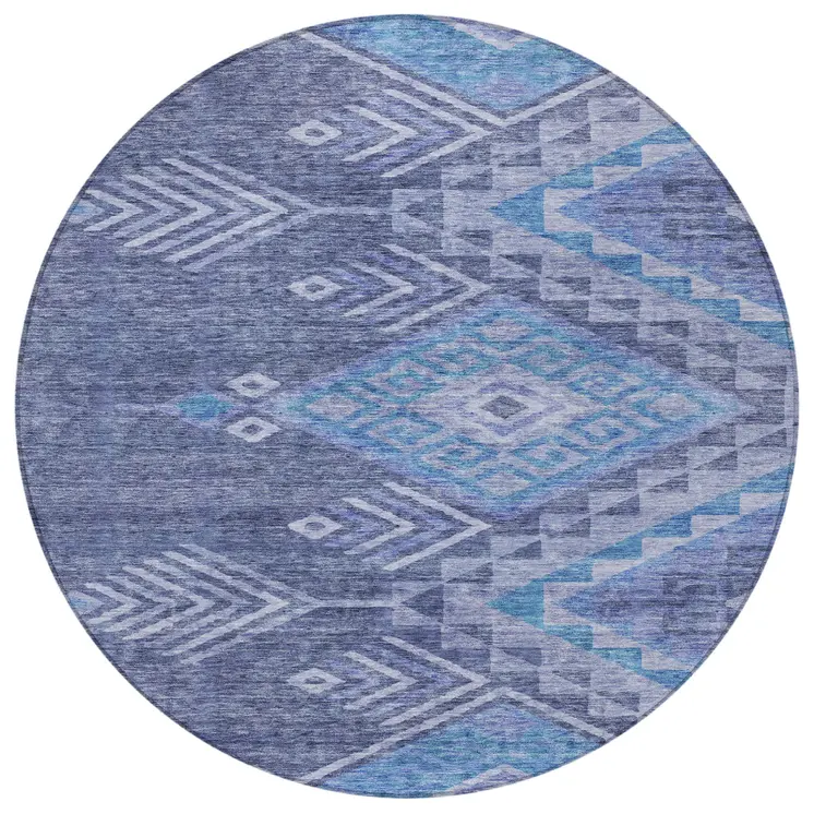 8' Navy Blue Charcoal And Gray Round Southwestern Washable Indoor Outdoor Area Rug
