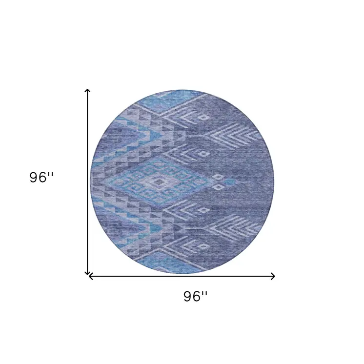 8' Navy Blue Charcoal And Gray Round Southwestern Washable Indoor Outdoor Area Rug