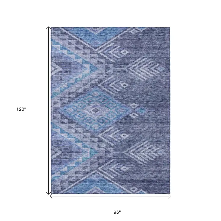 8' X 10' Navy Blue Charcoal And Gray Southwestern Washable Indoor Outdoor Area Rug