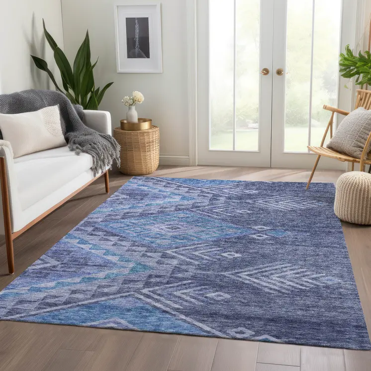 8' X 10' Navy Blue Charcoal And Gray Southwestern Washable Indoor Outdoor Area Rug