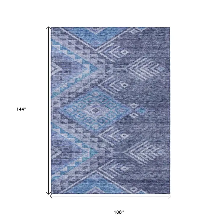 9' X 12' Navy Blue Charcoal And Gray Southwestern Washable Indoor Outdoor Area Rug