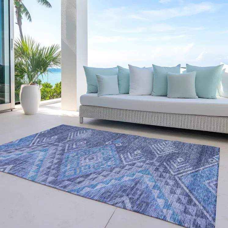 9' X 12' Navy Blue Charcoal And Gray Southwestern Washable Indoor Outdoor Area Rug