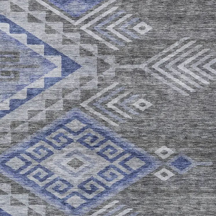 5' X 8' Pewter And Blue Southwestern Washable Indoor Outdoor Area Rug