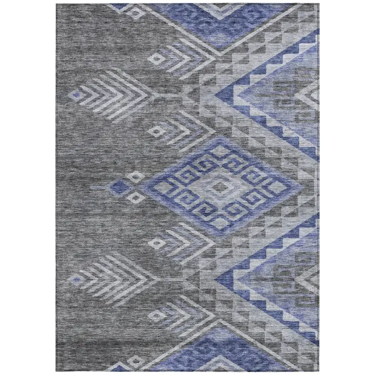 8' X 10' Pewter And Blue Southwestern Washable Indoor Outdoor Area Rug
