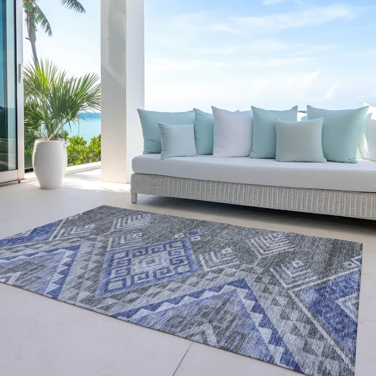 8' X 10' Pewter And Blue Southwestern Washable Indoor Outdoor Area Rug