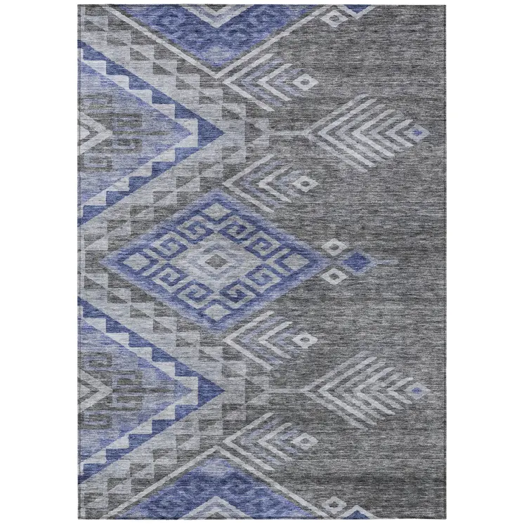8' X 10' Pewter And Blue Southwestern Washable Indoor Outdoor Area Rug