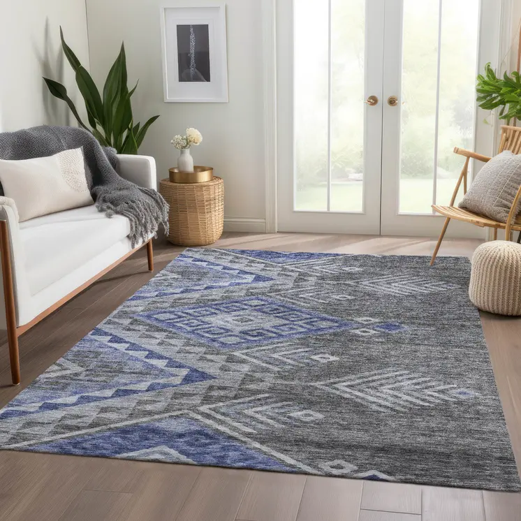 8' X 10' Pewter And Blue Southwestern Washable Indoor Outdoor Area Rug