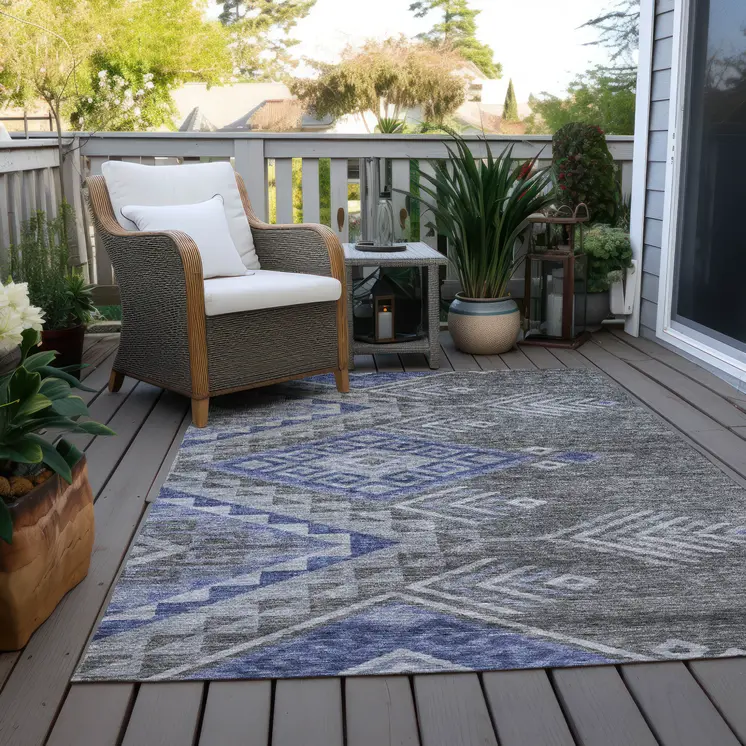 10' X 14' Pewter And Blue Southwestern Washable Indoor Outdoor Area Rug